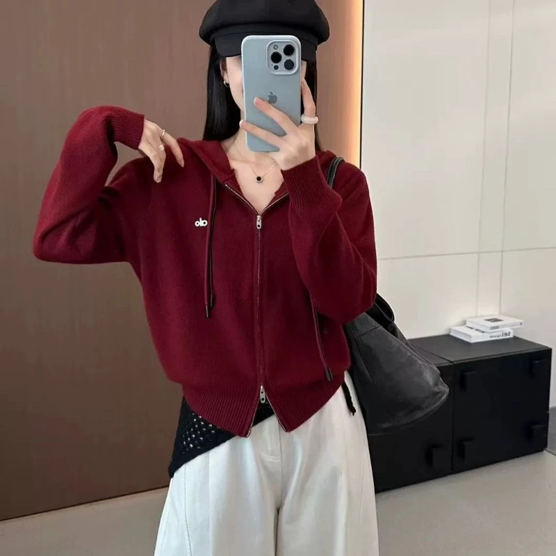 女针织毛针织衫双拉链针织连帽衫帽衫短款针织衫显瘦