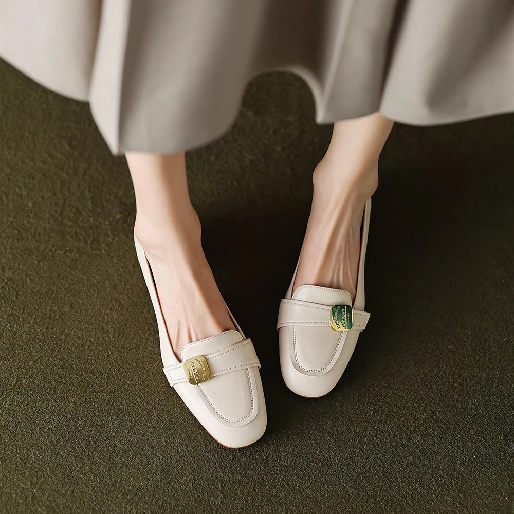 2025新款真皮法式复古乐福鞋女粗跟方头单鞋夏季一脚蹬妈妈鞋舒适