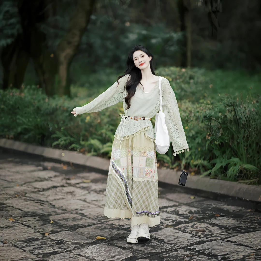 波西米亚风套装镂空流苏上衣女半身裙春新款森系裙子女装古风