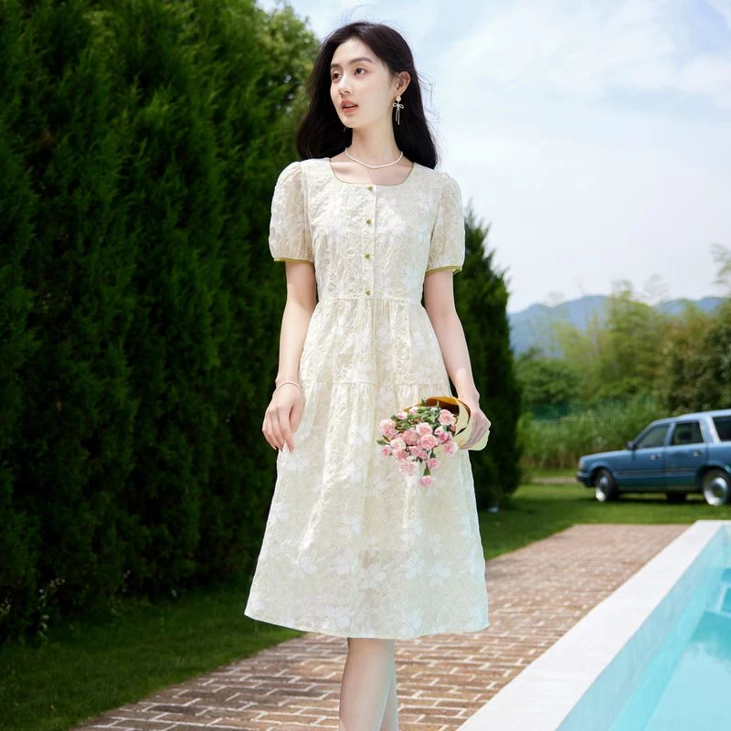 短袖连衣裙2025年夏季新款女韩版淑女时尚气质方领显瘦中长款裙子