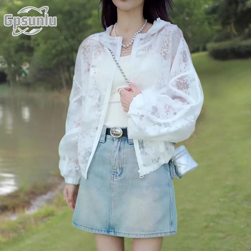 gpsunlu夏季新款轻薄防晒衣时尚镂空蕾丝衬衫宽松显瘦连帽外套女