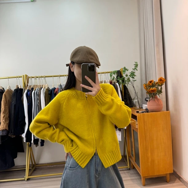 圆领开衫显瘦百搭长袖拉链毛衣