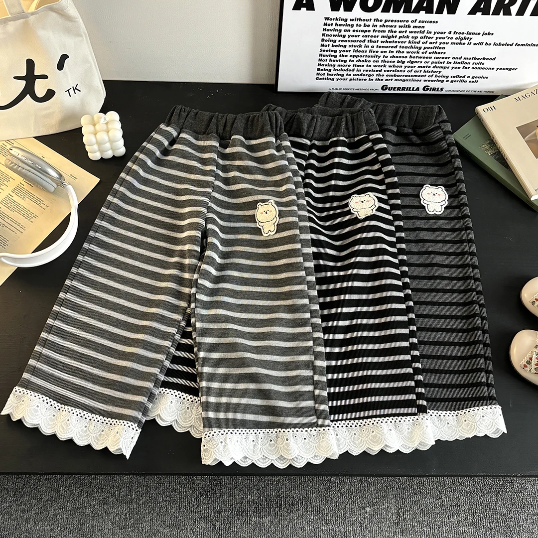 女童糯米条纹直筒裤春秋新款宽松韩版阔腿裤百搭花边拼接条纹女T