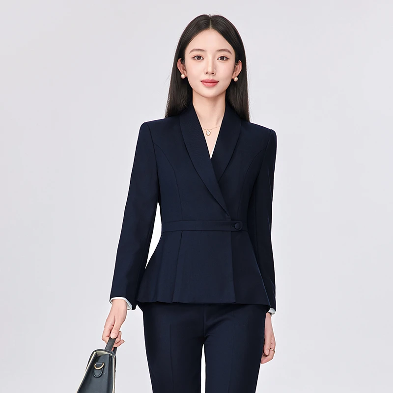 藏青色西装套装女春秋2025新款女士常规款面试职业时尚单排扣西装