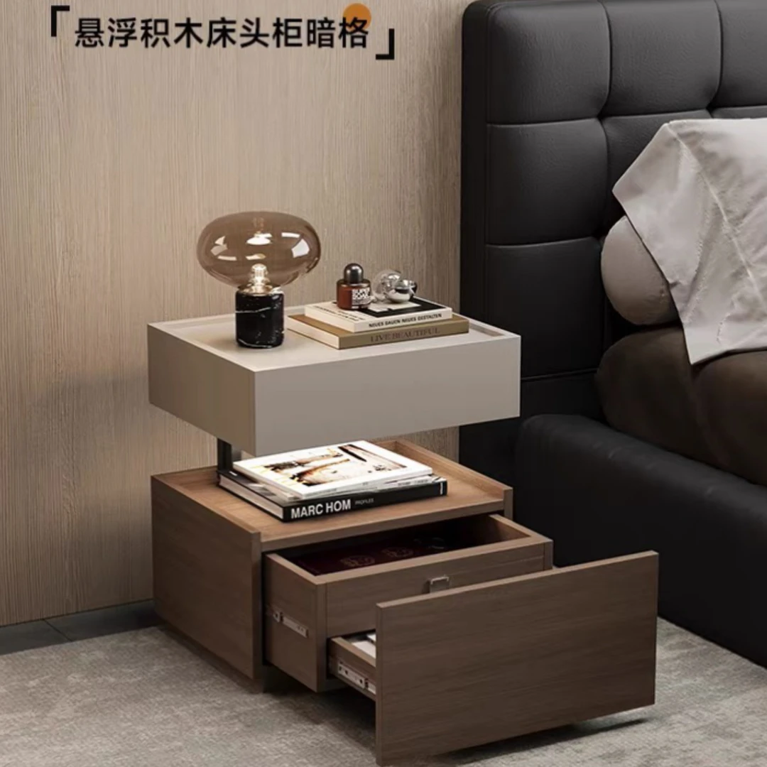 意式极简风床头柜带隐藏抽屉储物柜高级感悬浮带灯实木柜床头柜
