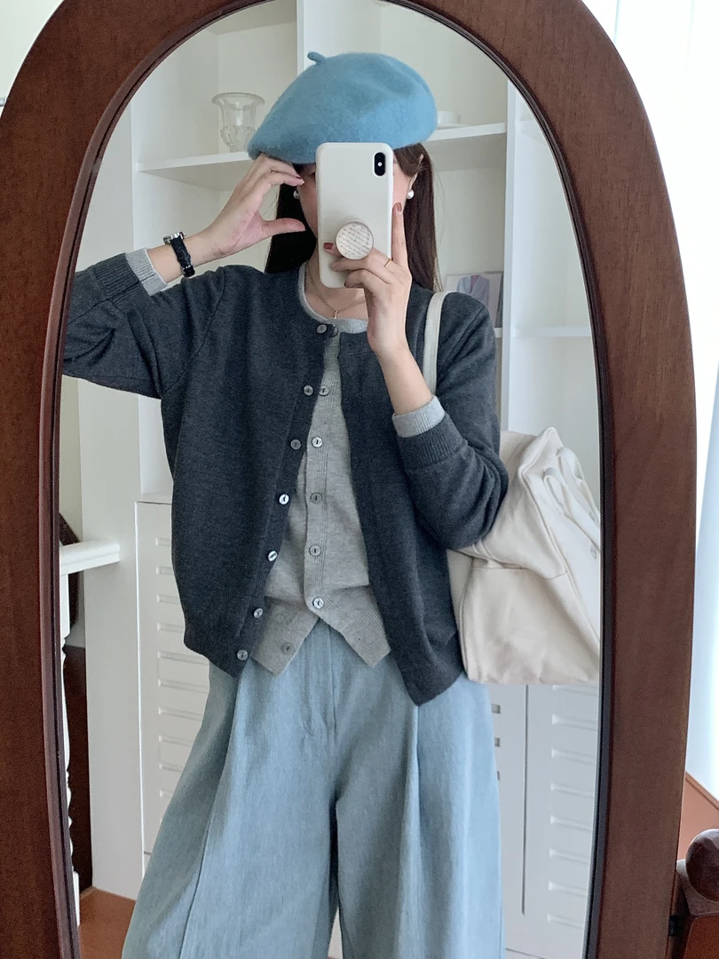 假两件秋季格子开衫拼接女毛针织衫针织衫短款毛衣韩版气质