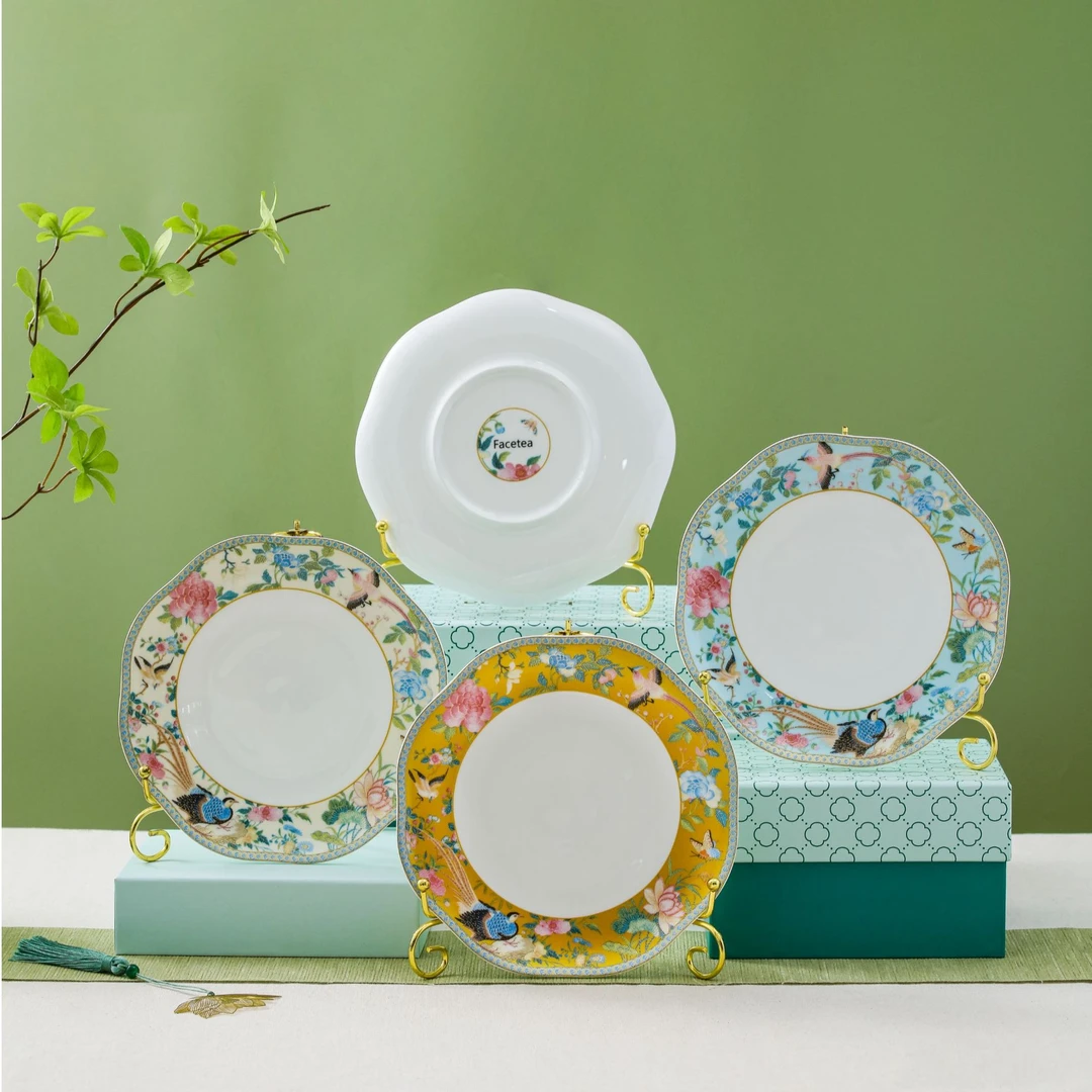 【奇居】百鸟和鸣8寸骨瓷平盘4个组合装#F9508C-13F