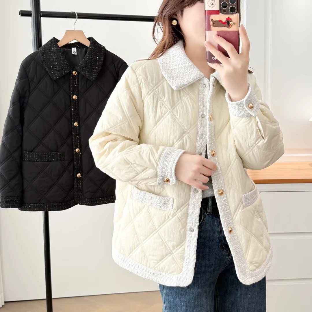 微胖大码女装翻领小香风棉衣菱格棉服女2025新款秋冬棉袄夹棉外套