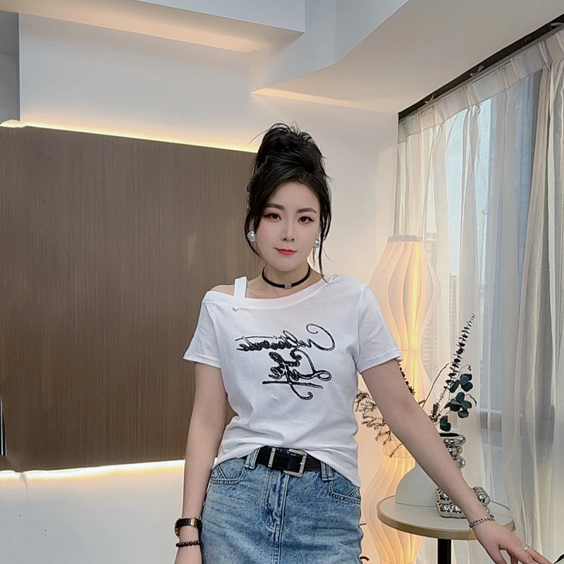 百搭时尚短袖圆领修身印花斜领露肩字母T恤
