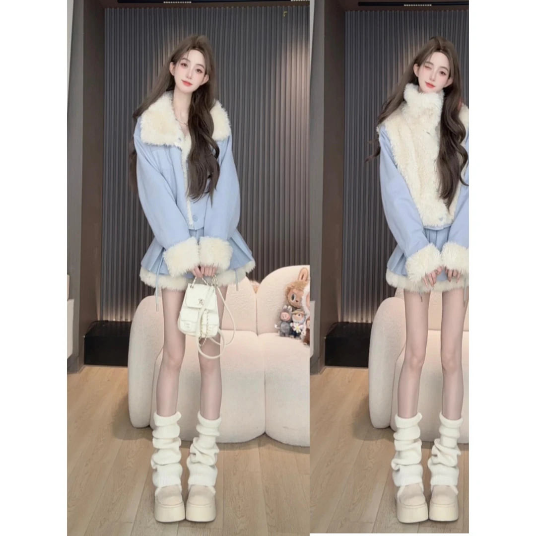 胡萝卜【两面穿蓝牛仔拼草草裙套装】冬季新赫小香风短裤套装