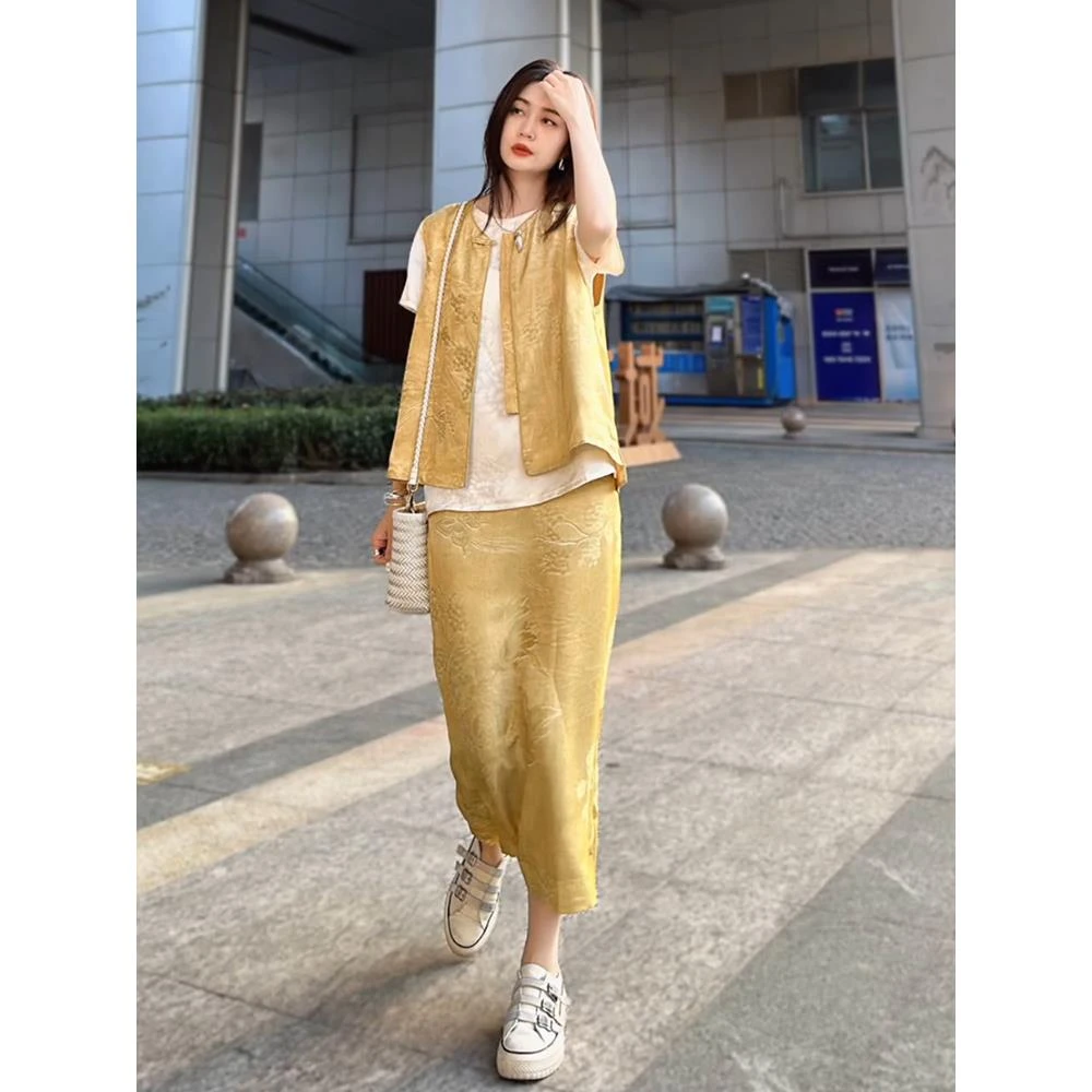 新中式黄色马甲套装裙2025夏新款女装高端高级感国风唐装两件套女