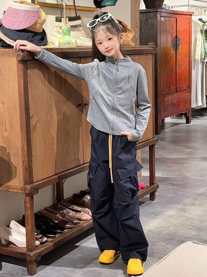 女中大童春秋款2025新款立领针织衫女童大口袋工装时髦两件套