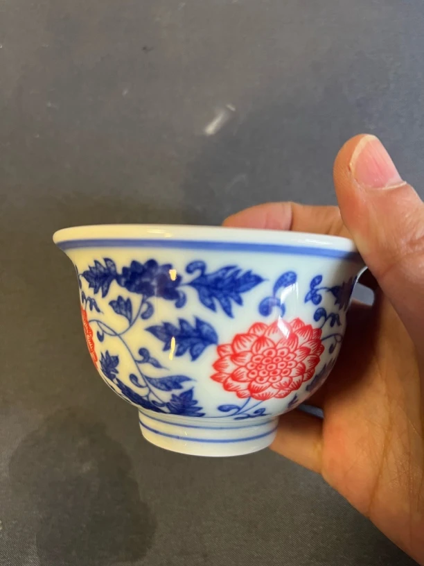 景德镇陶瓷青花釉里红缠枝莲压手杯主人杯茶杯客杯喝茶杯