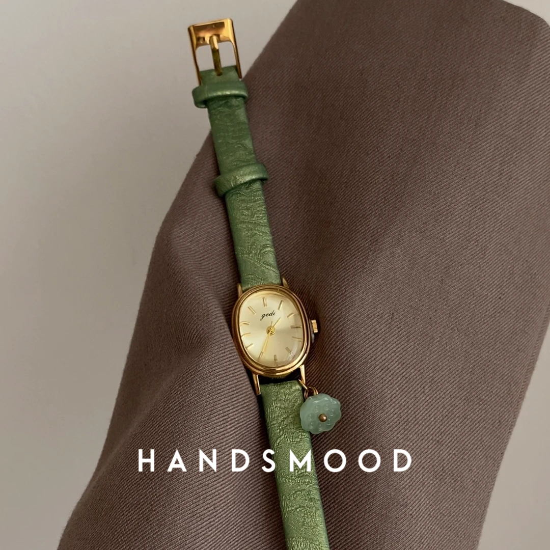 handsmood 新中式绿莲蓬椭圆小表盘暗纹表带春夏时尚气质女士手表