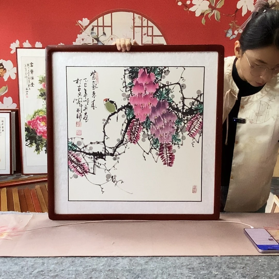国画手写手绘国画作品带框包邮62✖️62