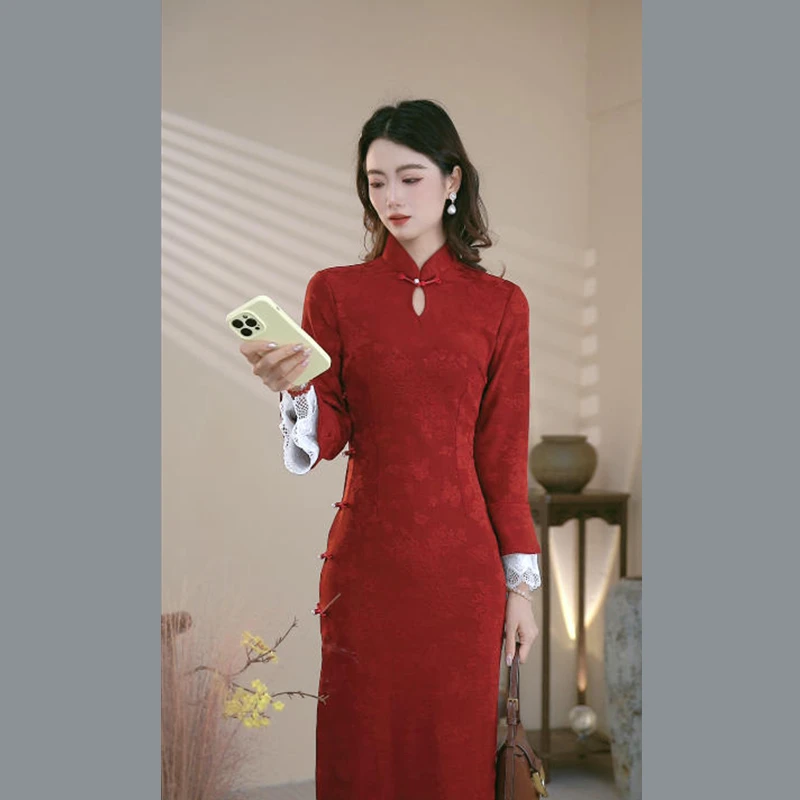 酒红色旗袍秋季新款长袖新中式水滴领改良女装国风订婚结婚敬酒服
