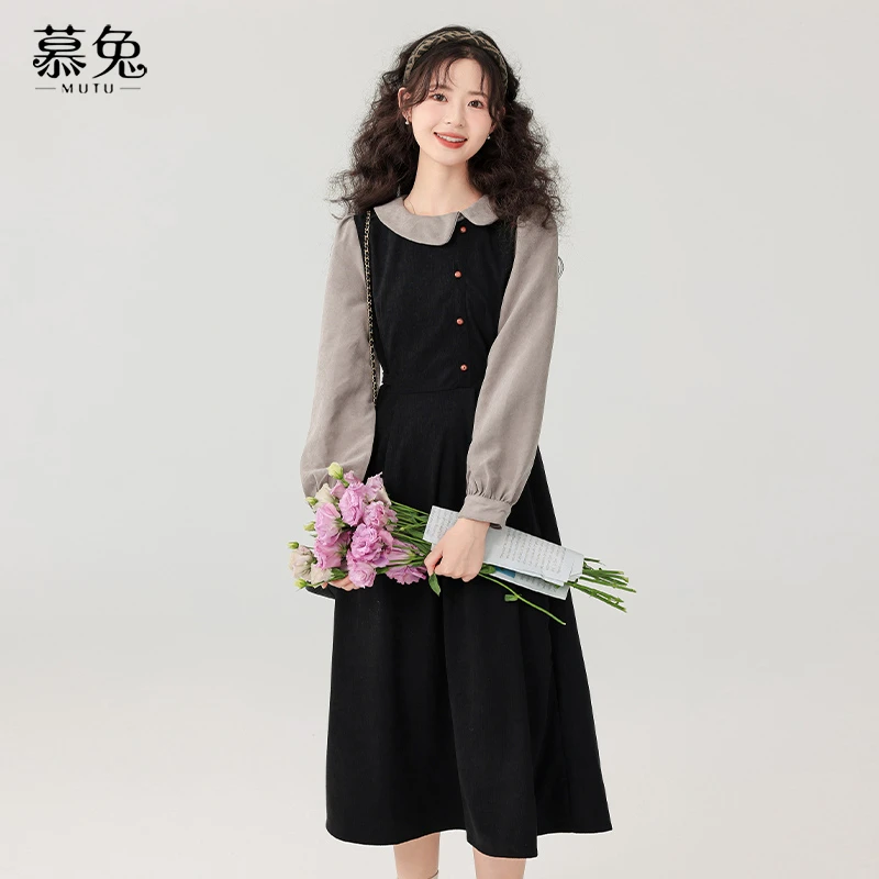 慕兔复古法式假两件连衣裙女2024秋季小个子收腰显瘦a字长裙