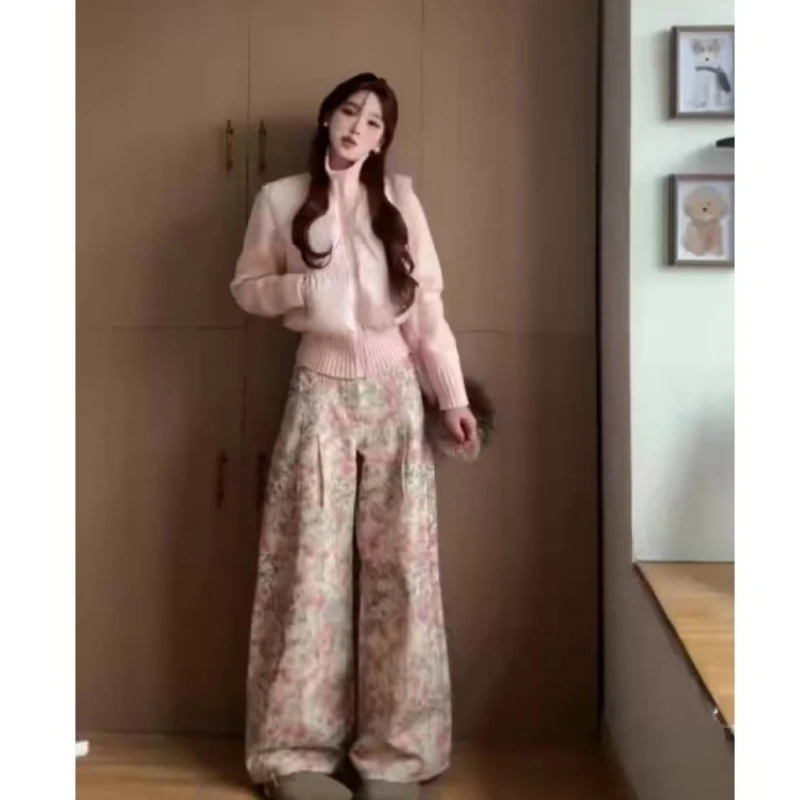 MARIE.COCO秋冬新款韩系粉色棉服收腰外套搭设计感花卉时尚休闲裤
