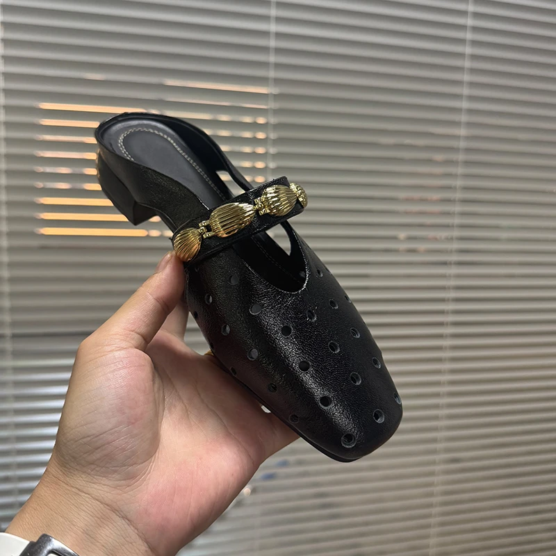 3cm/羊皮/真皮粗跟穆勒鞋女夏季透气打孔粗跟女鞋方头中跟皮拖鞋