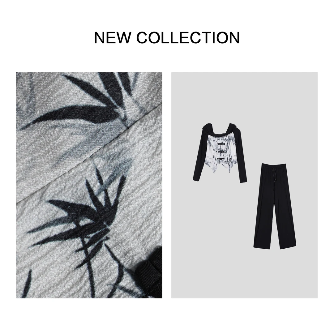 【小依专享】D3F28072竹叶印花拼接上衣+黑色阔腿裤套装-8072