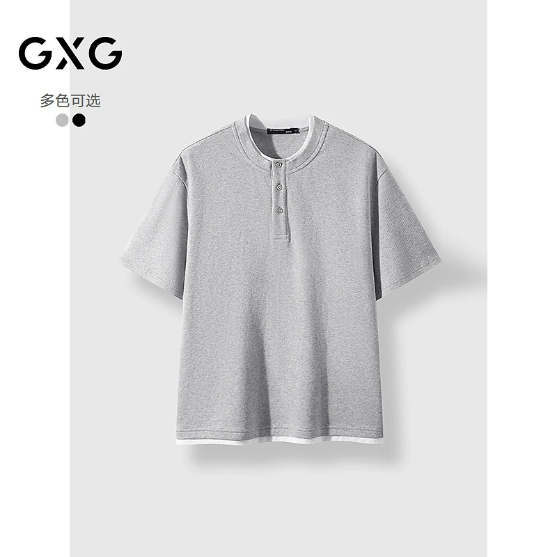 GXG【假两件】男装 纽扣半开襟圆领短袖T恤25年夏新品#G25D442356
