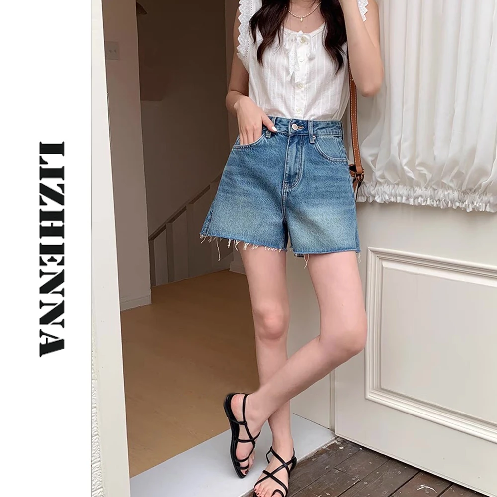 LIZHENNA【开叉毛边短裤】2025夏季新款高腰阔腿牛仔短裤