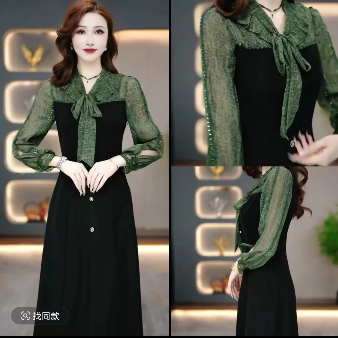 【衣雅严选】8089-1449#新款锦棉披肩桑丝纱假两件气质显瘦连衣裙