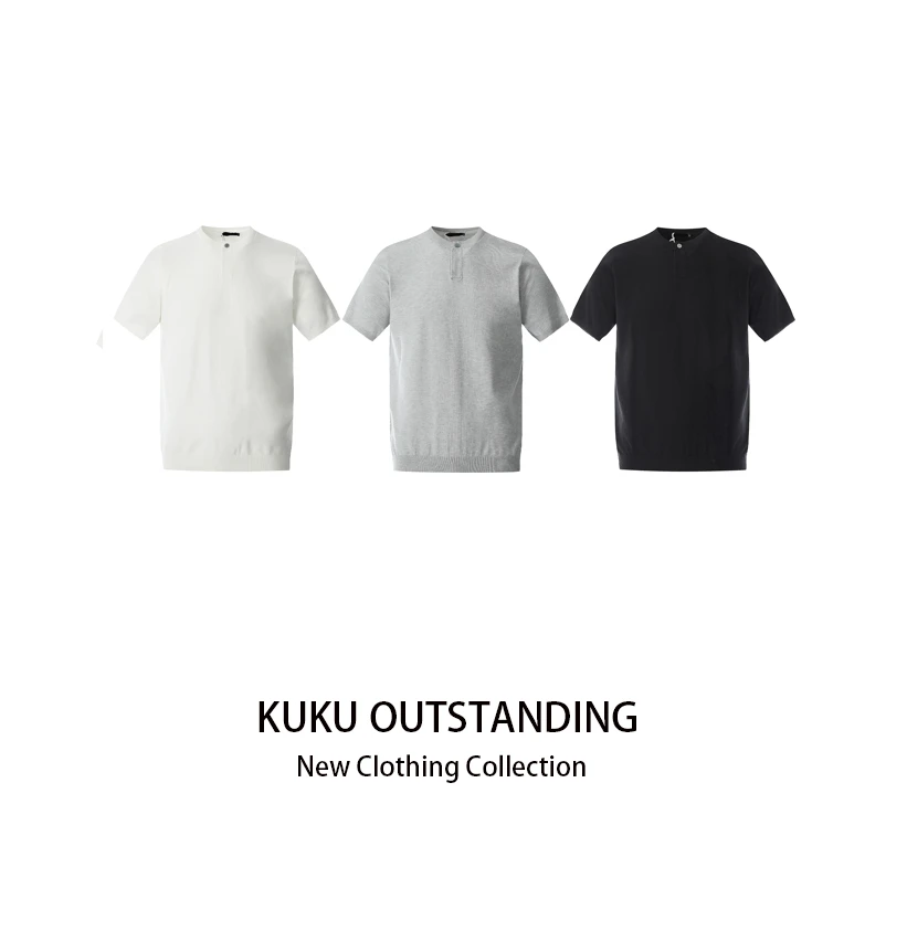 KUKU  美式复古cleanfit针织亲肤亨利领短袖T恤男女百搭上衣