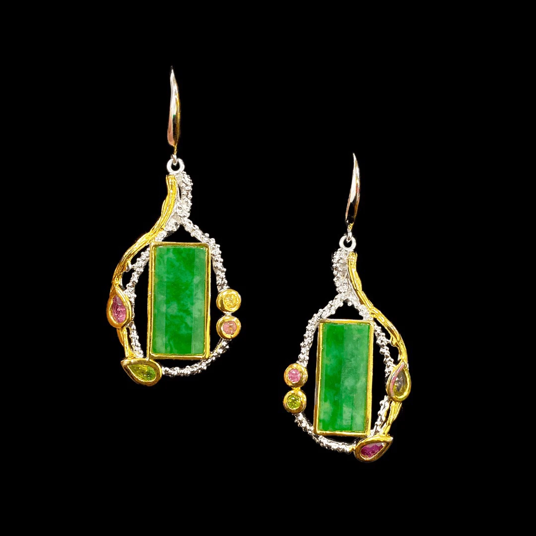 F5639老意大利工艺手工制作翡翠耳坠孤品，