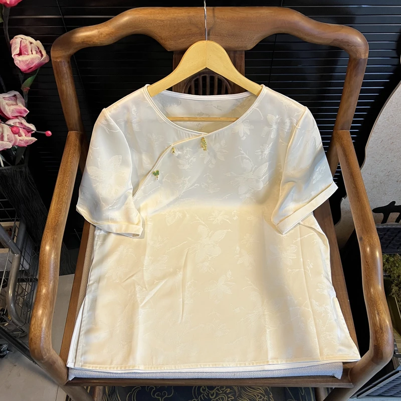 猫家YZM新中式国风圆领斜襟重工提花显瘦百搭打底上衣