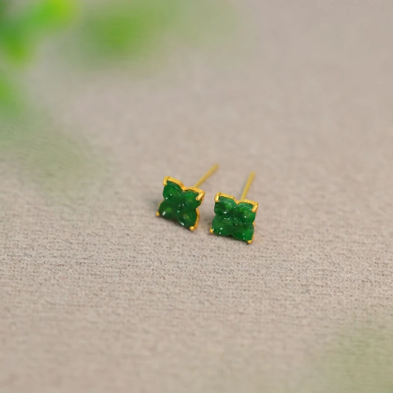 #J060 18K金镶嵌冰种辣绿缅甸天然A货翡翠四叶草耳钉耳饰
