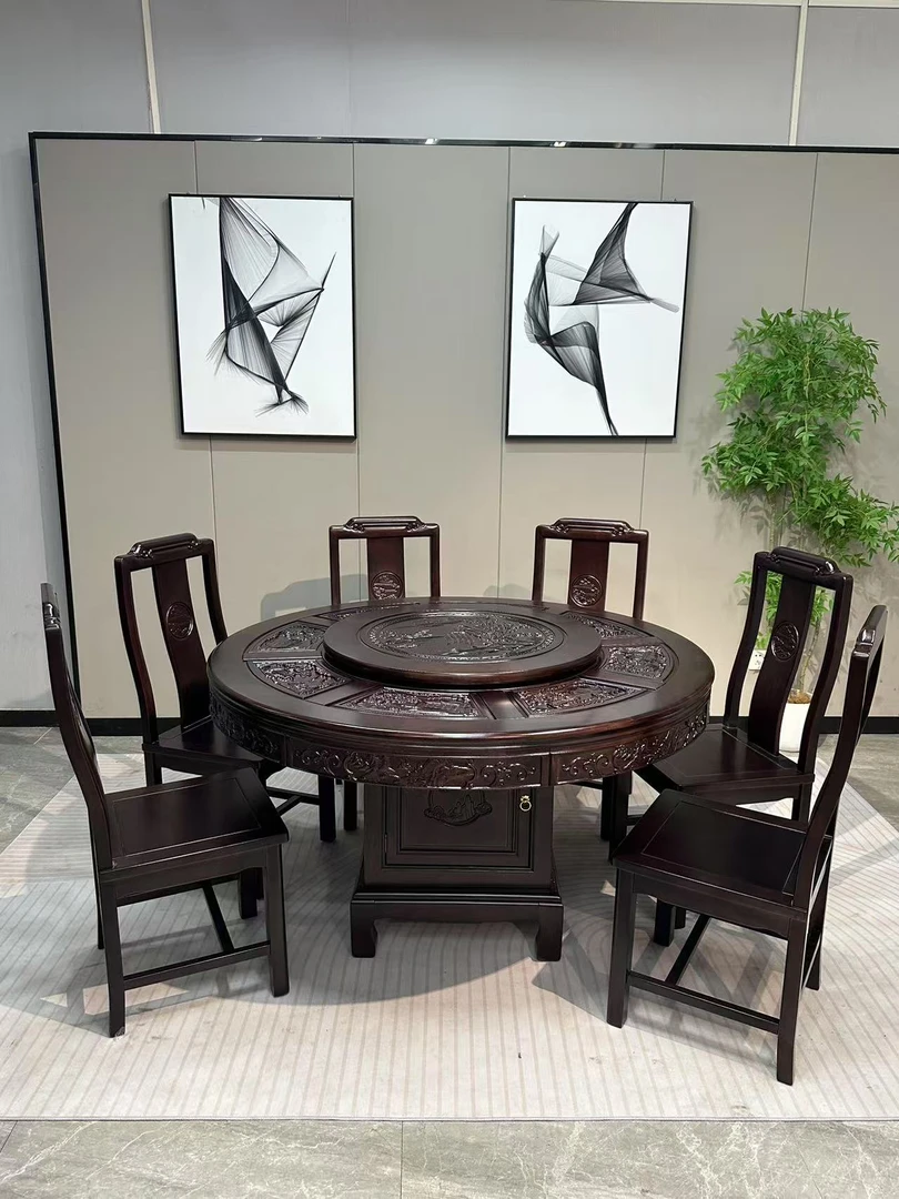 【迎客松】全实木带转盘餐厅成套家具圆台实木家具餐桌椅