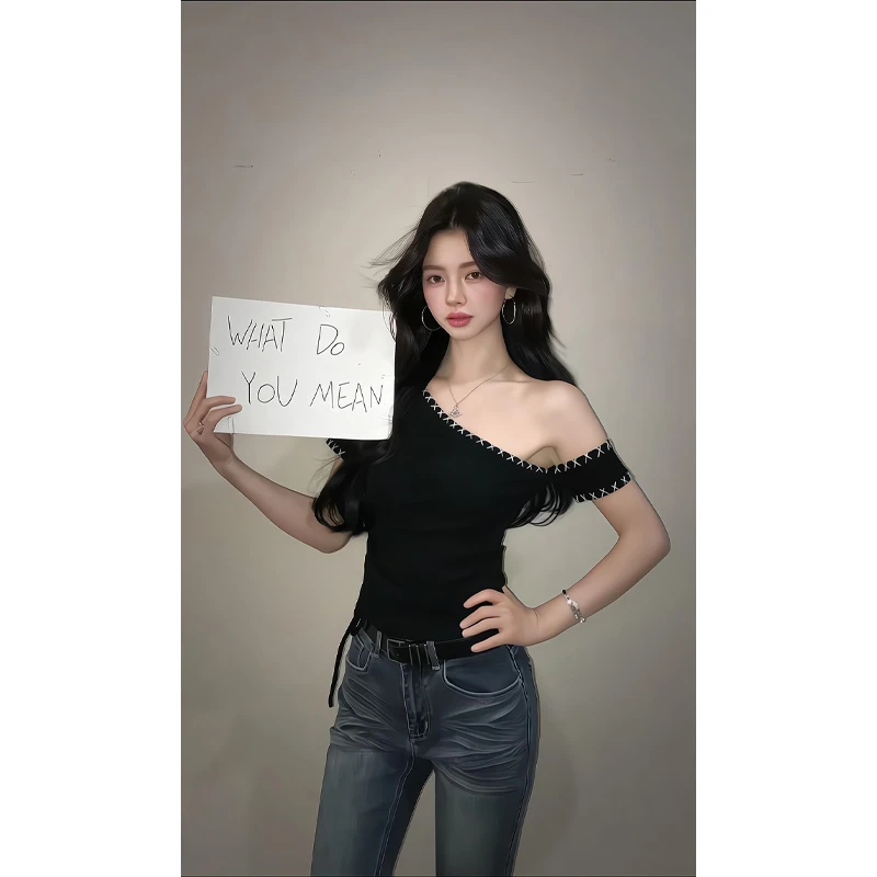 肩短袖T恤设计感小众不规则修身露肩上衣美式拖地修身显瘦牛仔裤