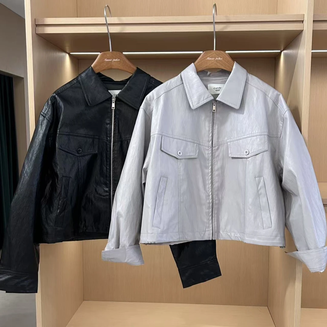 春夏新款翻领皮衣外套9066（衣长51，138斤内穿）