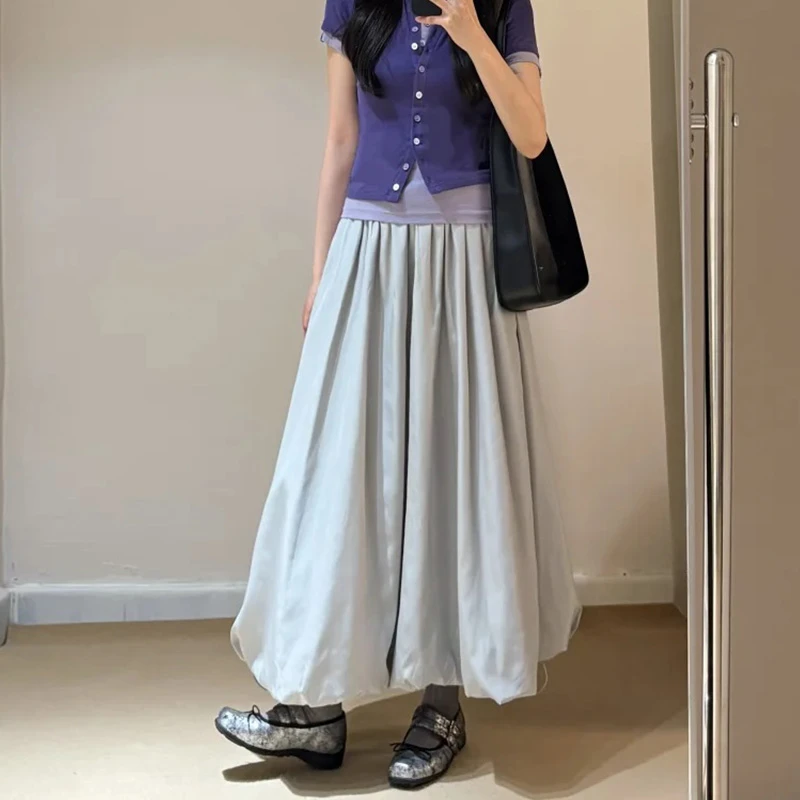 灰色花苞半身裙女夏2025新款小个子高腰显瘦a字中长款云朵蓬蓬裙