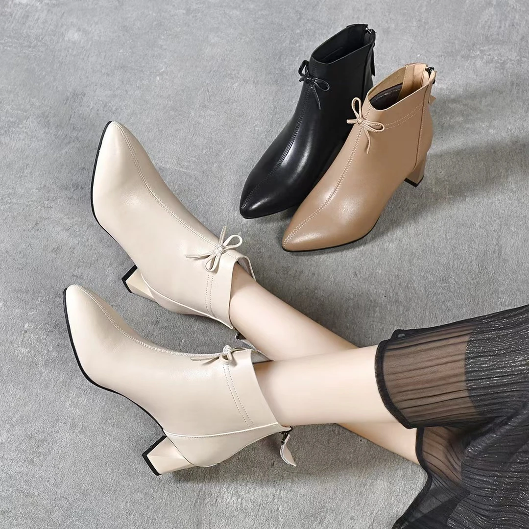 25年新款春秋小裸靴真皮软皮秀气短靴尖头马蹄跟瘦瘦靴41女款大码