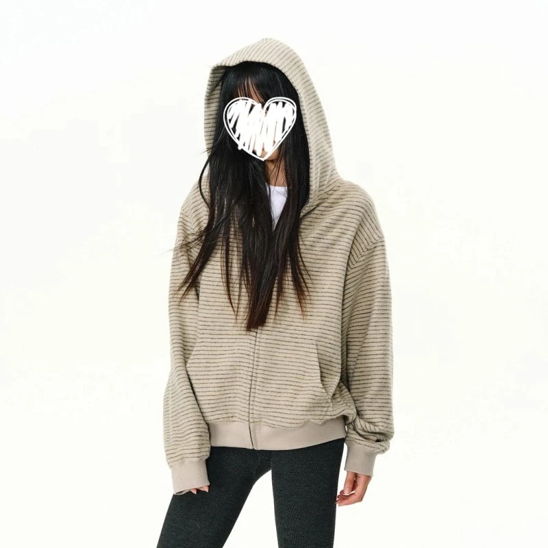 秋季条纹连帽卫衣外套男2025新款小众设计感休闲宽松美式开衫外套