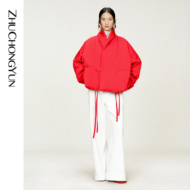 ZHUCHONGYUN2025冬新款红色节庆门襟绑带缎面羽绒服外套