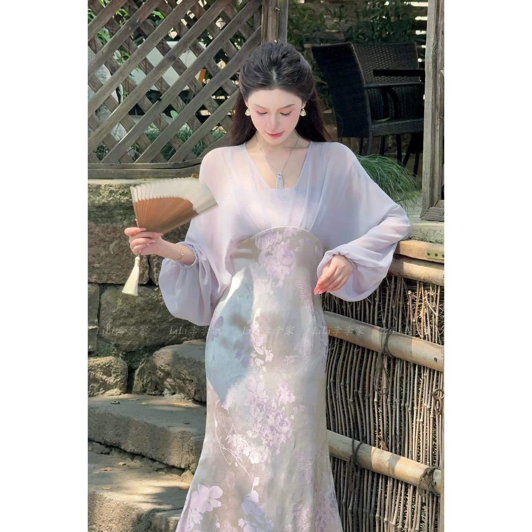 【紫霞】LiLi新中式假两件缎面提花鱼尾连衣裙XMZH6756