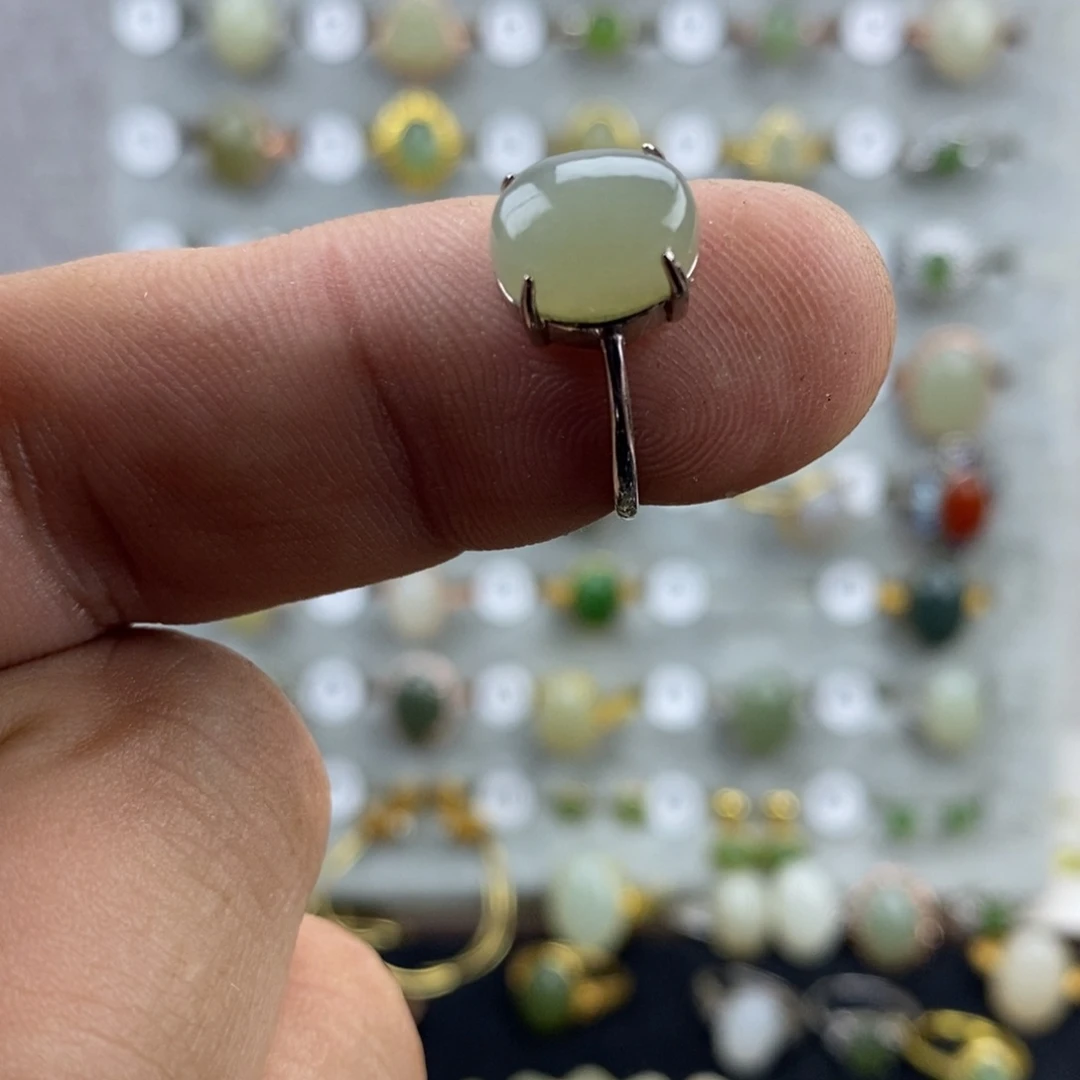 和田玉（青白玉）银S925镀金镶嵌戒指