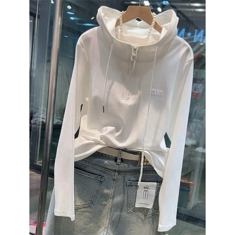 白色连帽长袖T恤女2025秋季新款爆款欧货时尚百搭套头半拉链卫衣