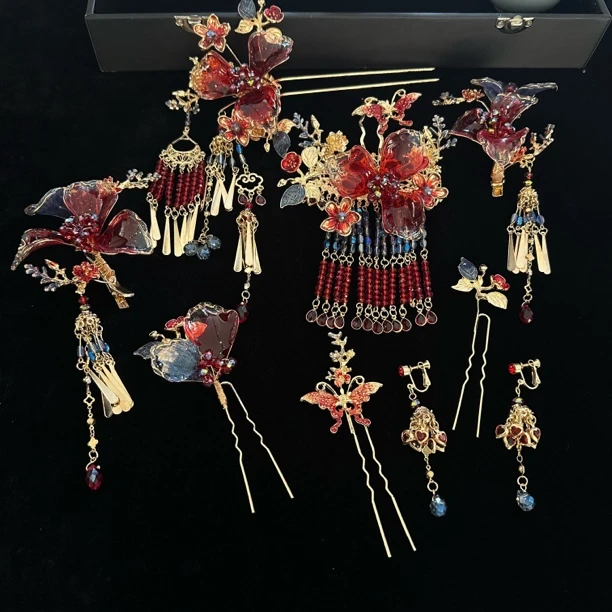 合金婚庆饰品 10082新款新中式红蓝渐变新娘秀禾结婚头饰