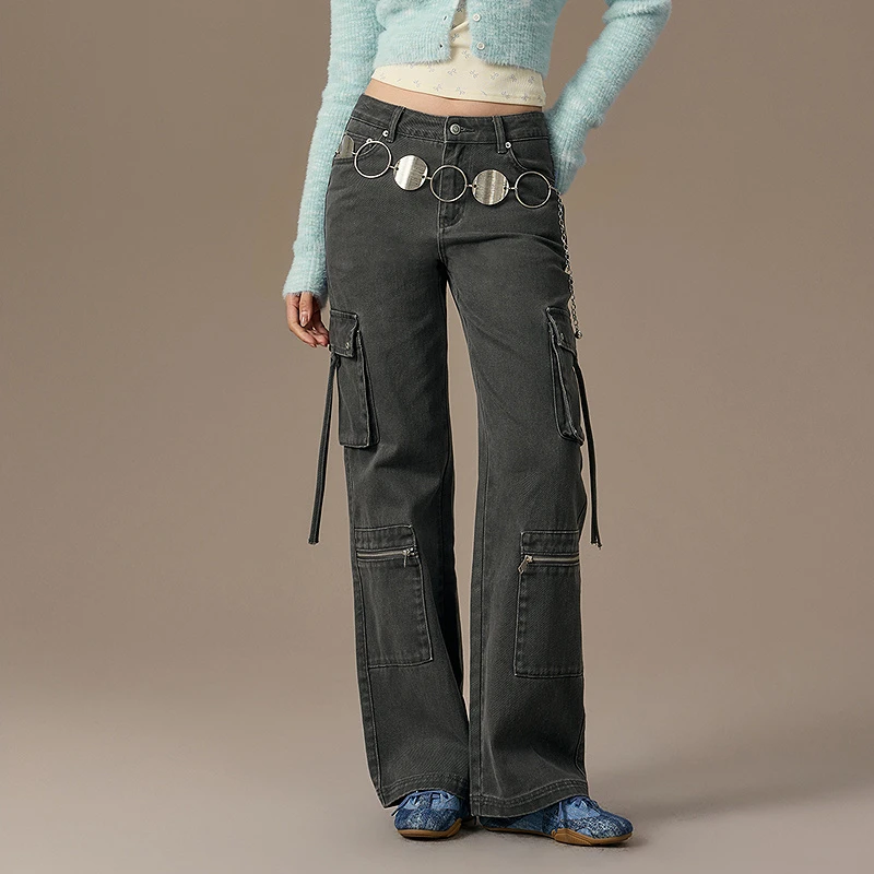 CHUU纯色阔腿休闲裤女士2025年冬季新品拉链多口袋飘带宽松长裤子