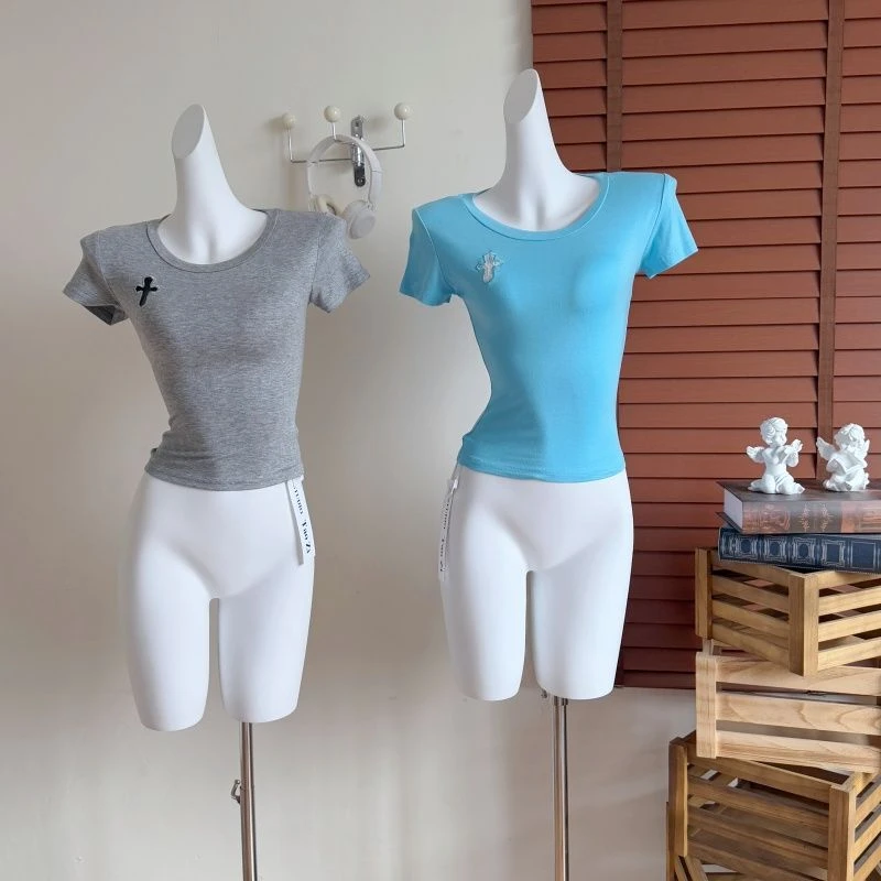 【十字刺绣】25S纯欲辣妹短袖T恤女夏季新款修身显瘦蕾丝露背上衣