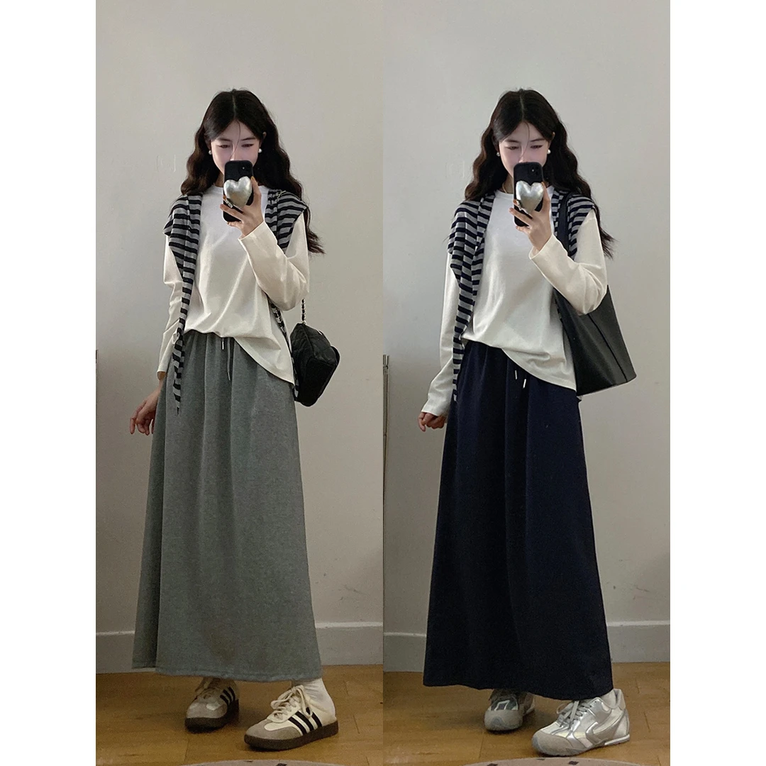大码韩系条纹披肩+T恤上衣+半身裙三件套女