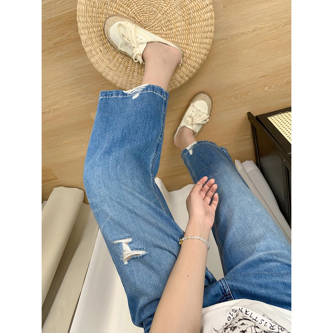 破洞牛仔裤女2025夏季新款高腰遮肉显瘦百搭休闲直筒宽松九分裤
