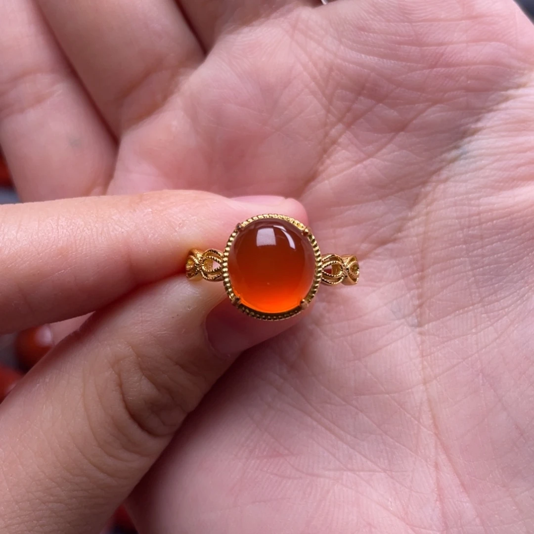 南红玛瑙银S925镶嵌珠宝奇石女戒