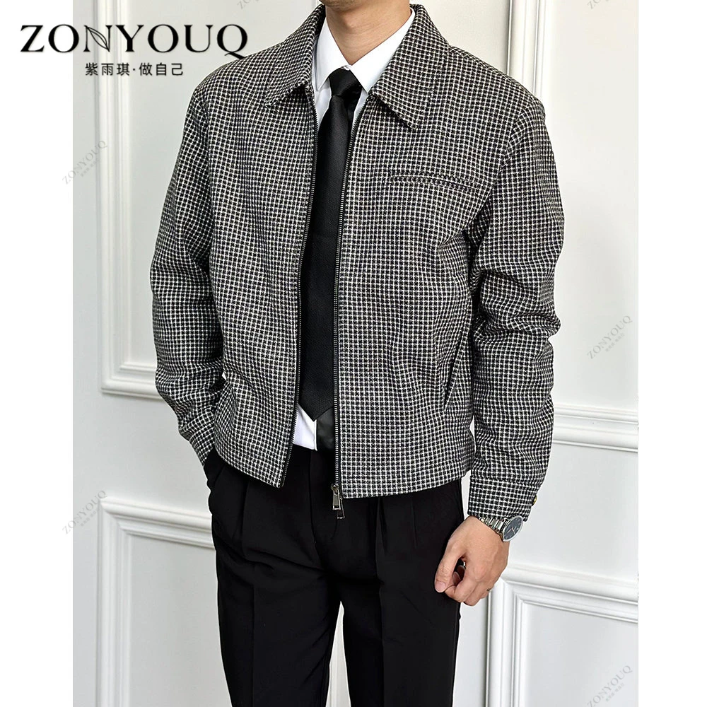 千鸟领翻领夹克男秋冬气质英伦厚款呢子简约休闲保暖潮流时尚外套