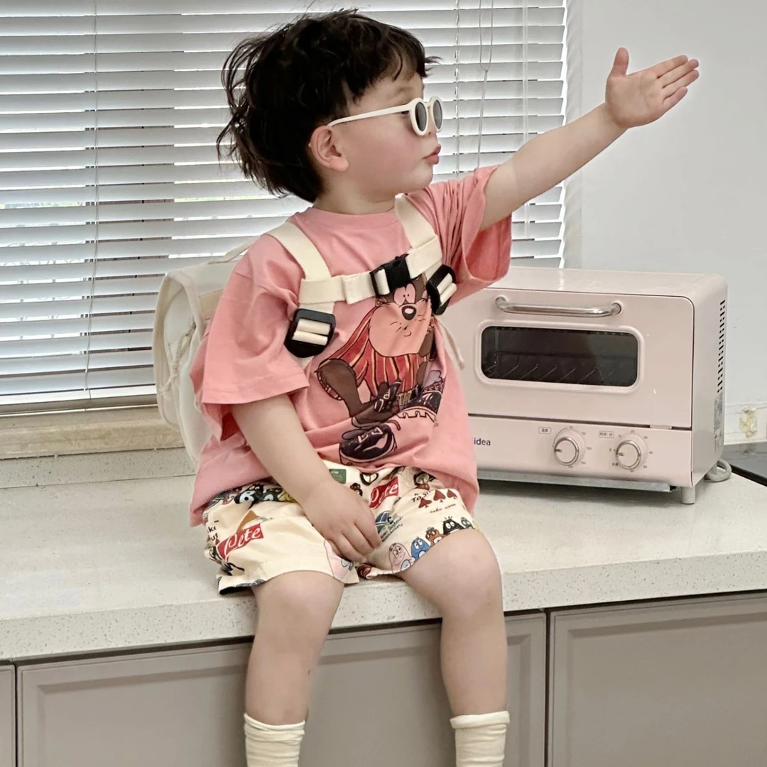 韩范童装男童洋气时髦夏装套装儿童宽松休闲短袖t恤印花宝宝短裤