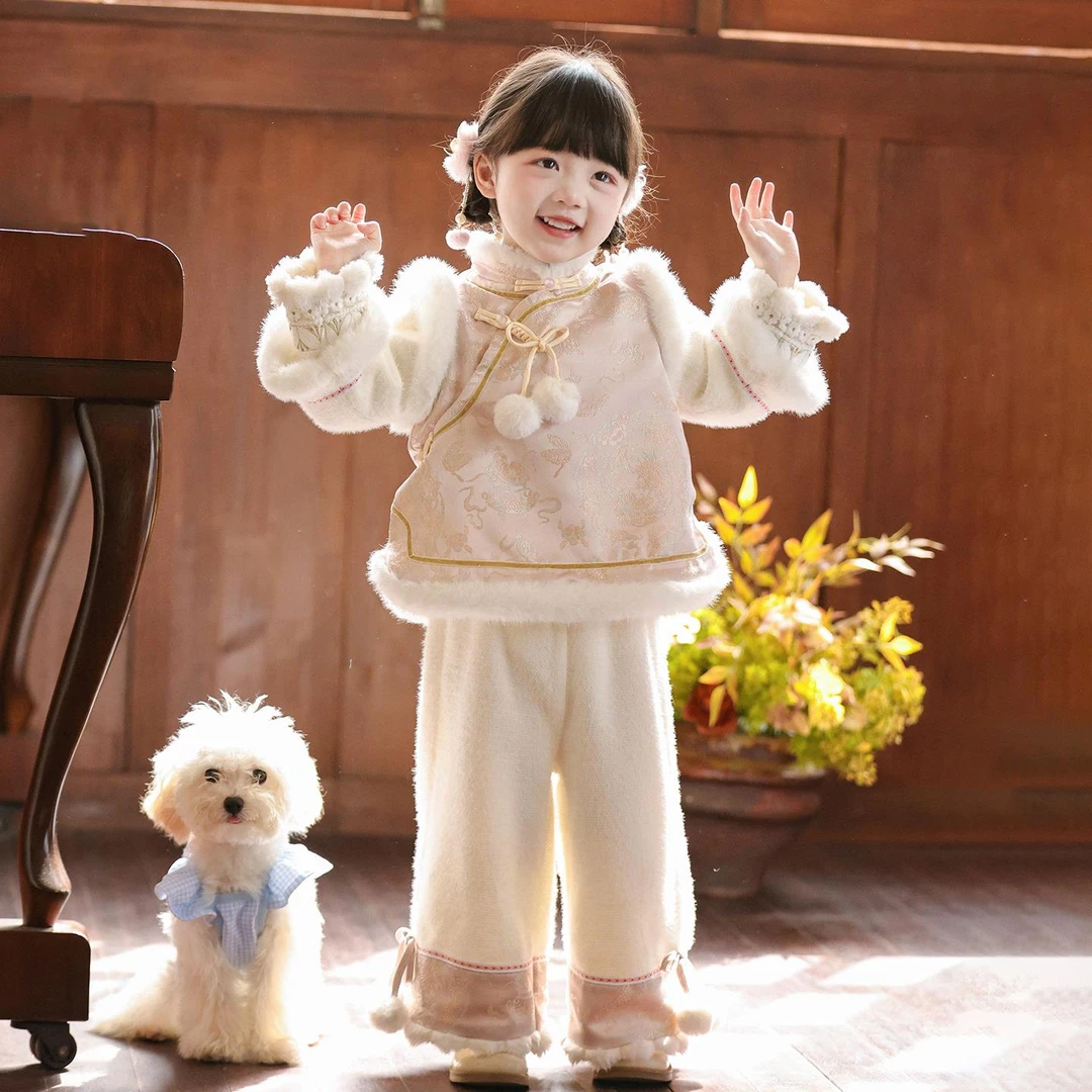 女童新中式冬季套装宝宝古风加绒加厚新年装儿童唐装